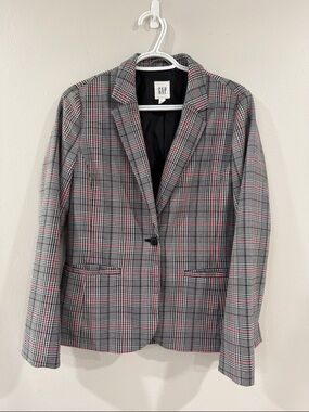 GAP Women's black and gray Plaid Blazer with red trim academia workwear business